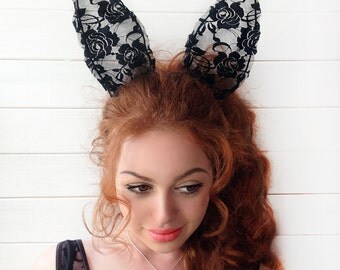 SALE25% Bunny Ears, Lace Bunny Ears Headband, Lace rabbit ears headband, Cosplay Headband, Bachelorette Accessory, Costume Ears, Rabbit Ears