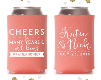 Cheers to Many Years - Wedding Can Cooler #52- Custom - Wedding Favors, Beverage Insulators, Beer Huggers