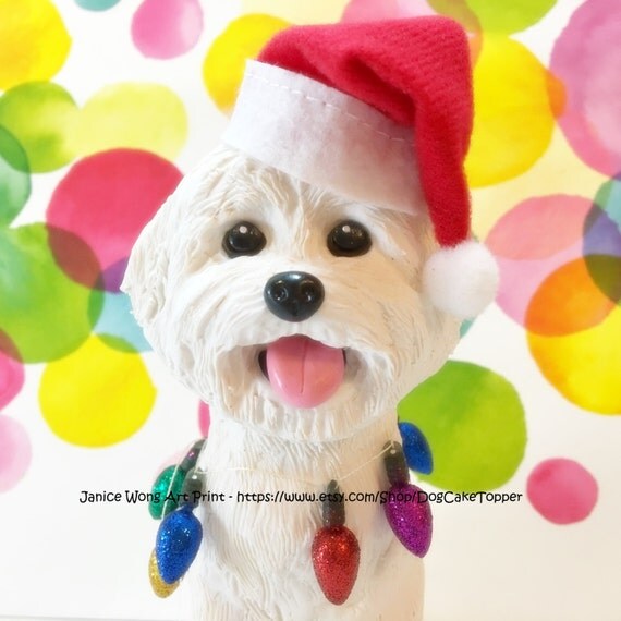 Christmas Maltese PRINT Maltese wearing Santa by DogCakeTopper