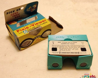 Stereoscopic Pixie-Viewer, Original Box Viewer, Six Color Slides, Stori-View, HTF Complete Gift Package, Mid-Century, Niagara Falls, c. 1962