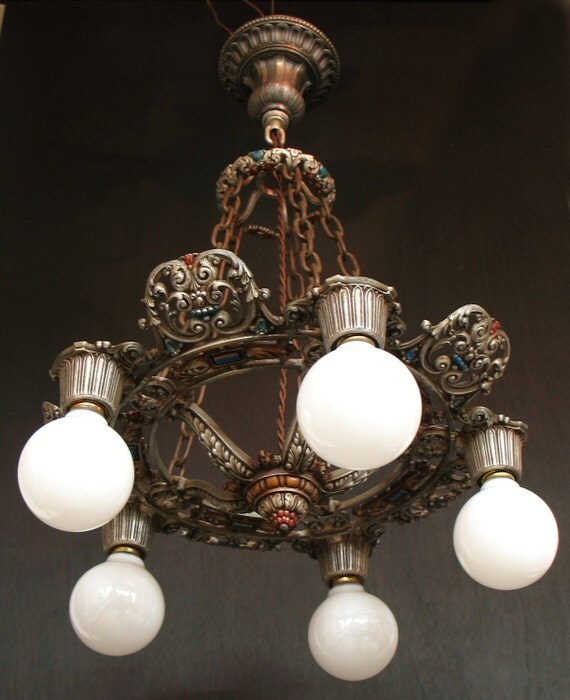 Antique Lighting: 1920s Five Light Polychrome bulb style