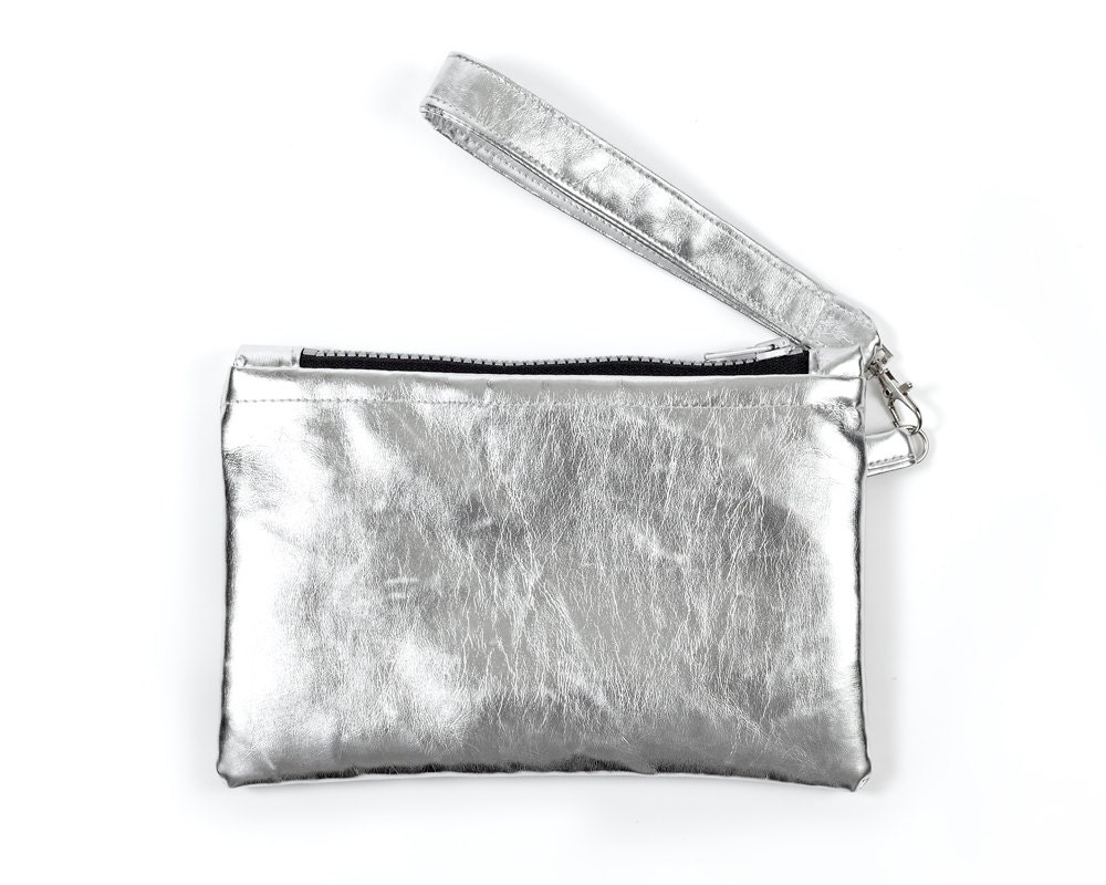 Faux Leather Purse Silver Metallic Wristlet by WildMarshmallow