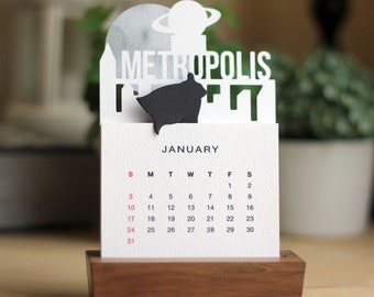 2017 Minimalist Paper Cut Desk Calendar with Solid Wood Stand \ Metropolis
