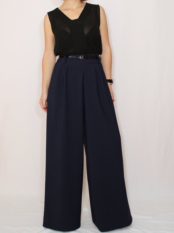 High waist Wide leg pants Navy pants with pockets