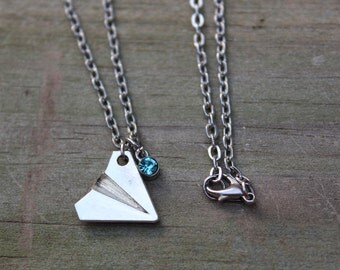 Silver Paper Airplane Necklace • Personalized w Birthstone Charm • 1D • Harry Styles • Taylor Swift Inspired • Aviation • Modern, Geometric