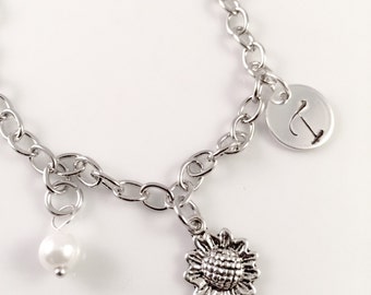 Flower Girl bracelet, personalized junior bridesmaids gift, initial charm bracelet, flower bouquet charm bracelet, little girl jewelry