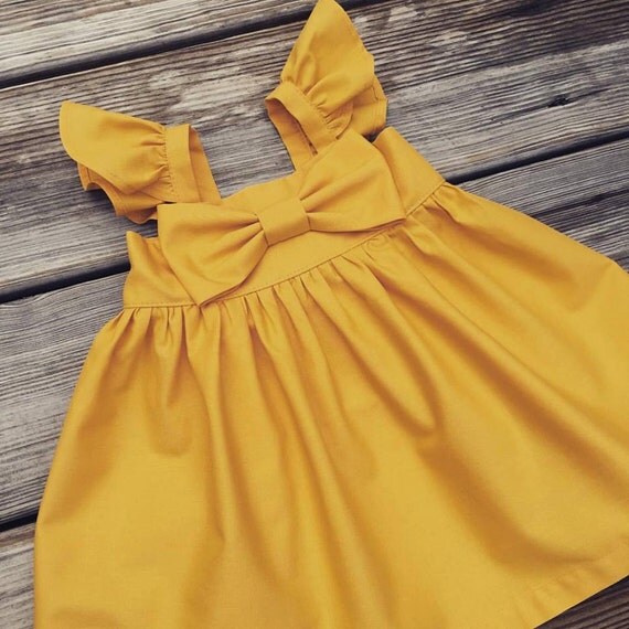Mustard Flutter sleeves Big bow Dress Girls bow dress Baby