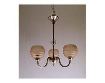 Moderne retro style Art Deco Chandelier; low 19" drop, stylish design, vintage shades, nickel plated fixture, French c. 1935