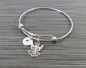 Dainty Angel Bangle - Guardian Angel Bracelet - Expandable Bangle - Angel Charm Bangle - Initial Bracelet - Mom Gift - Mother Bracelet
