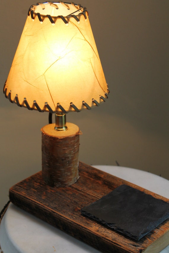 Reclaimed Rustic Lamp White Birch Light Cabin Nightstand