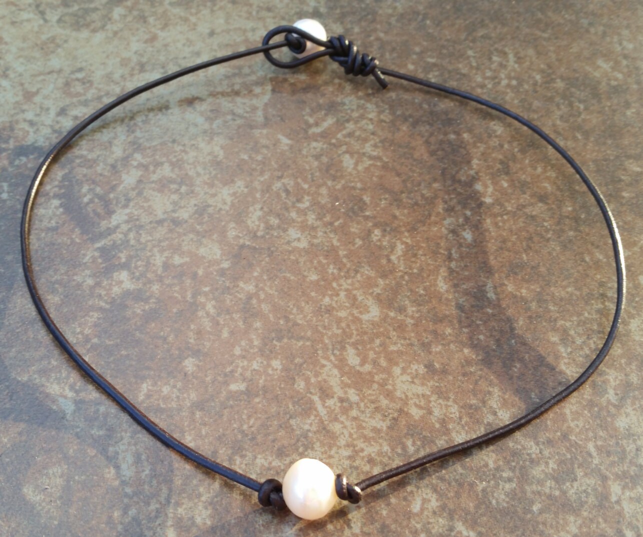 Leather Pearl Necklace Brown Genuine Leather Single Pearl