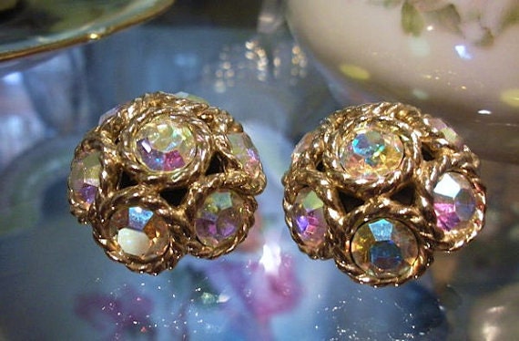 Sarah Coventry Earrings Clip On Rhinestone Earrings Sarah COV 1950s 50s Mid Century Midcentury Northern Lights Aurora Borealis Rhinestones