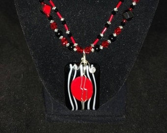 CLEARANCE* Red and Black Wire Wrapped Fused Glass Necklace