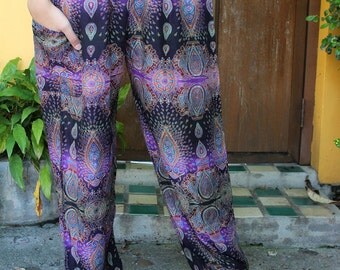 Hippie Pants Boho Clothing Peacock Design Purple unisex