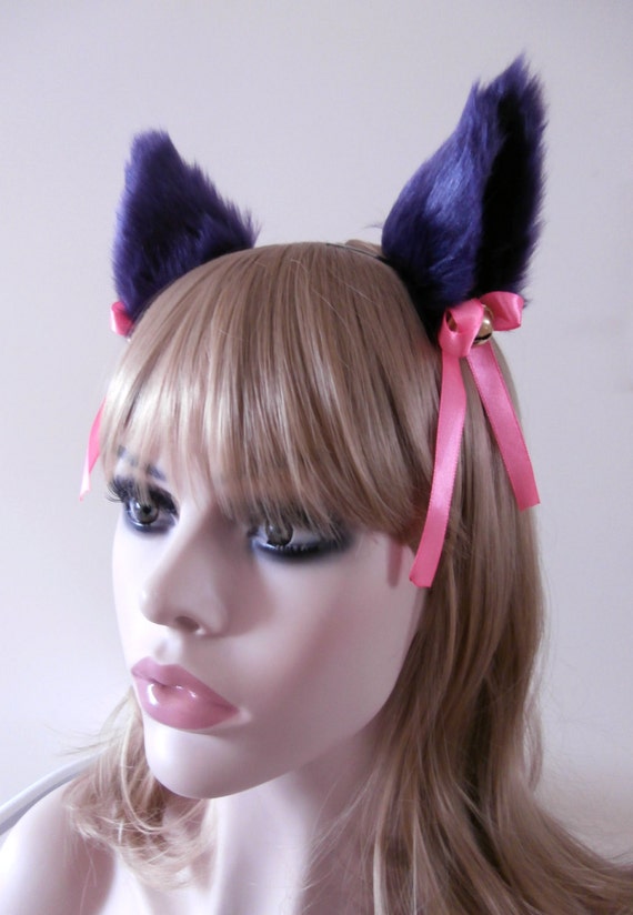 Faux Fur Cat Ear Hair Clips Purple Black With Bells and Pink