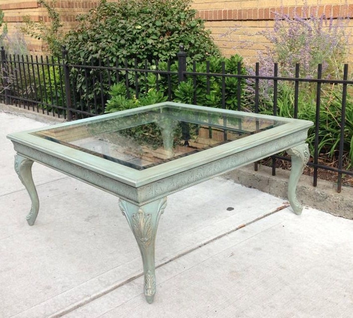 Duck Egg Blue Coffee Table with beautiful carvings and accents. Vintage, Upcycled, Romantic