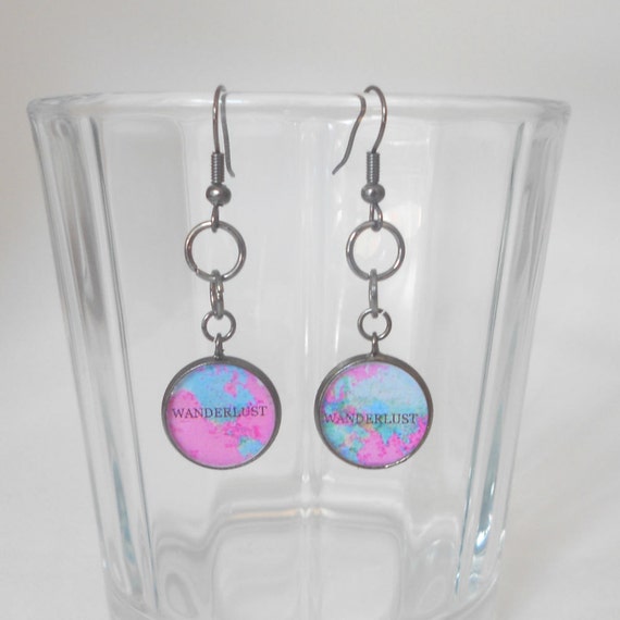 Wanderlust, Boho, World Map, Dangle Earrings, Pastel Goth, Adventure, Travel, Inspire, Pink, Light Blue, Cotton Candy Gunmetal Black, Hippy