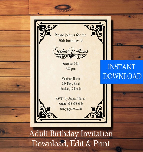 Printable Adult Birthday Invitation Template Retro Vintage