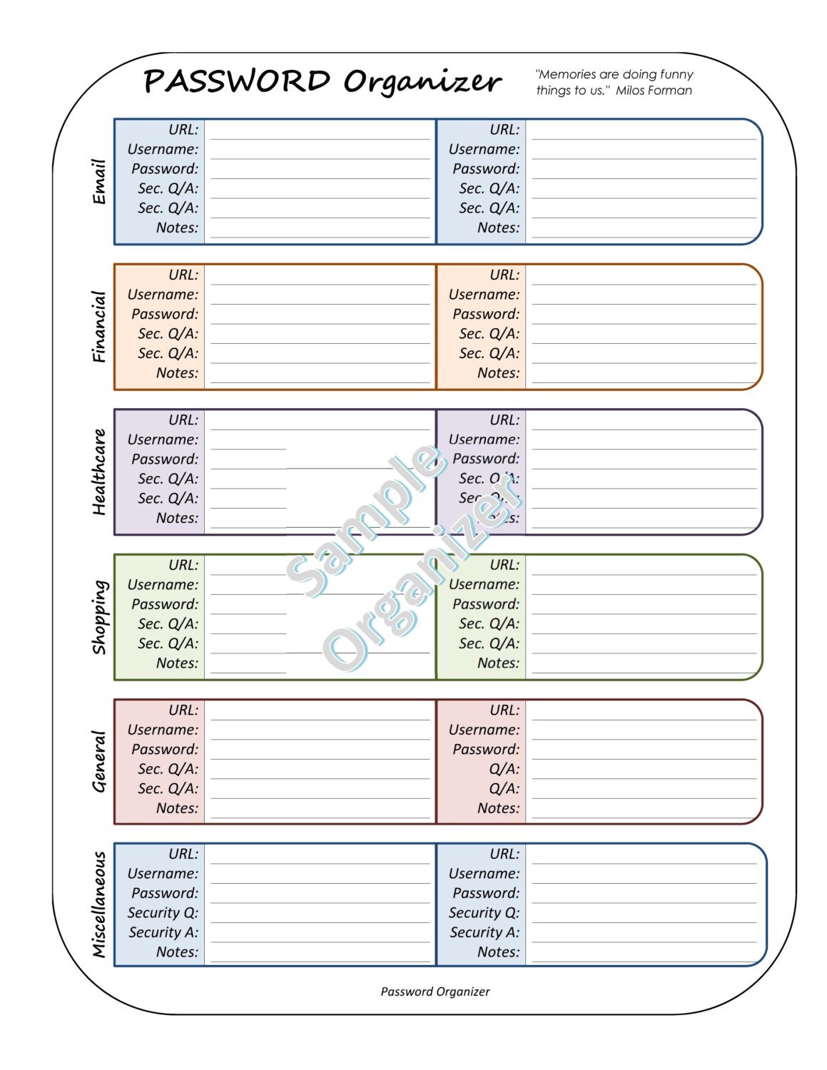 Password Organizer Printable Website Log In Information