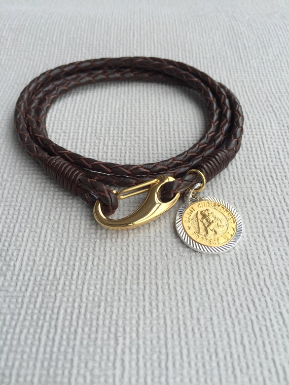 St Christopher Men's Leather Bracelet 9ct by ReligiousBracelets