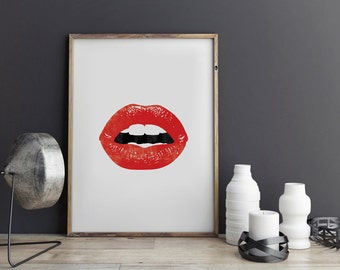 Red Lips Watercolor Print, Fashion Illustration, Make Up, Fashion Poster, Abstract Lips Art, Lipstick, Chic, Kiss, Sexy, Paris, Wall Decor