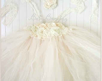Boho Flower girl dress ivory cream rose tutu party wedding birthday lace