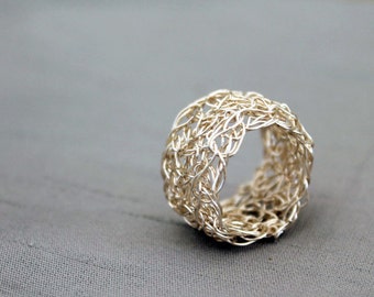 Silver wire crochet ring, wire crochet jewellery, large statement ring, woven wire band, adjustable ring