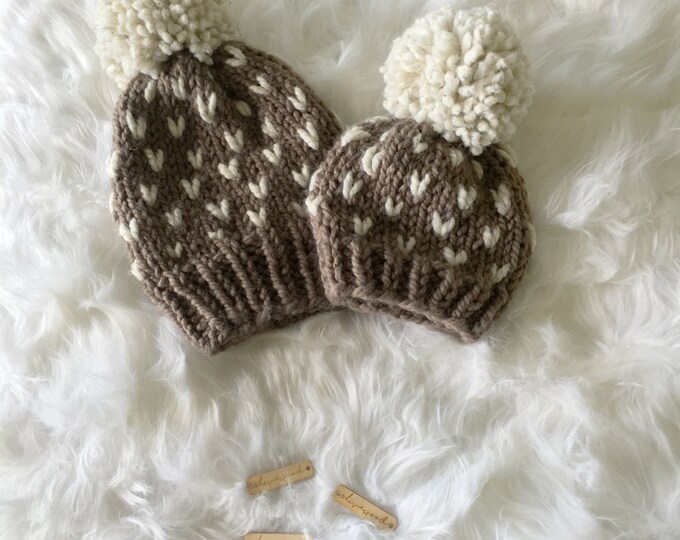 Mama and Me matching Knit Slouchy Beanie Hat With Large Pom Pom//THE TUMBLEWEED SET//Fisherman and Taupe