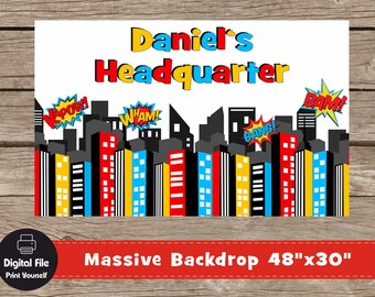 Superhero Backdrop - Play Room Decor, 48x30", Personalized Printable Wall Art, City Skyline Print, Superheroes Birthday Party Supplies