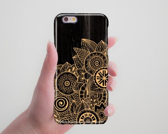 Black Case Gold Floral Wooden Case Designed Phone Case iPhone 6S Case iPhone 7 Case iPhone 5S Case iPhone 7 6S Plus Case Tough Case RR_023