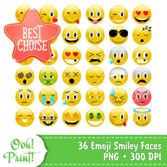 Set of 36 Emoji Smiley Faces Birthday Party Clip Art Cute