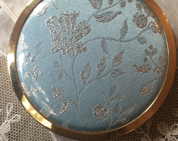 Powder compact. Mascot Vintage Powder Compact. Blue And Silver Floral Embroidered Lidded compact