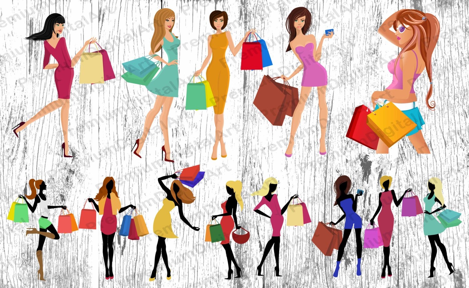 13 Shopping Girls Clipart Fashion illustration Hand Painted