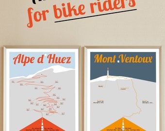 Tour de France print, Alpe d Huez and Mont Ventoux, A4 Poster, 2 bike posters, Birthdaypresent, Present for men, present for women