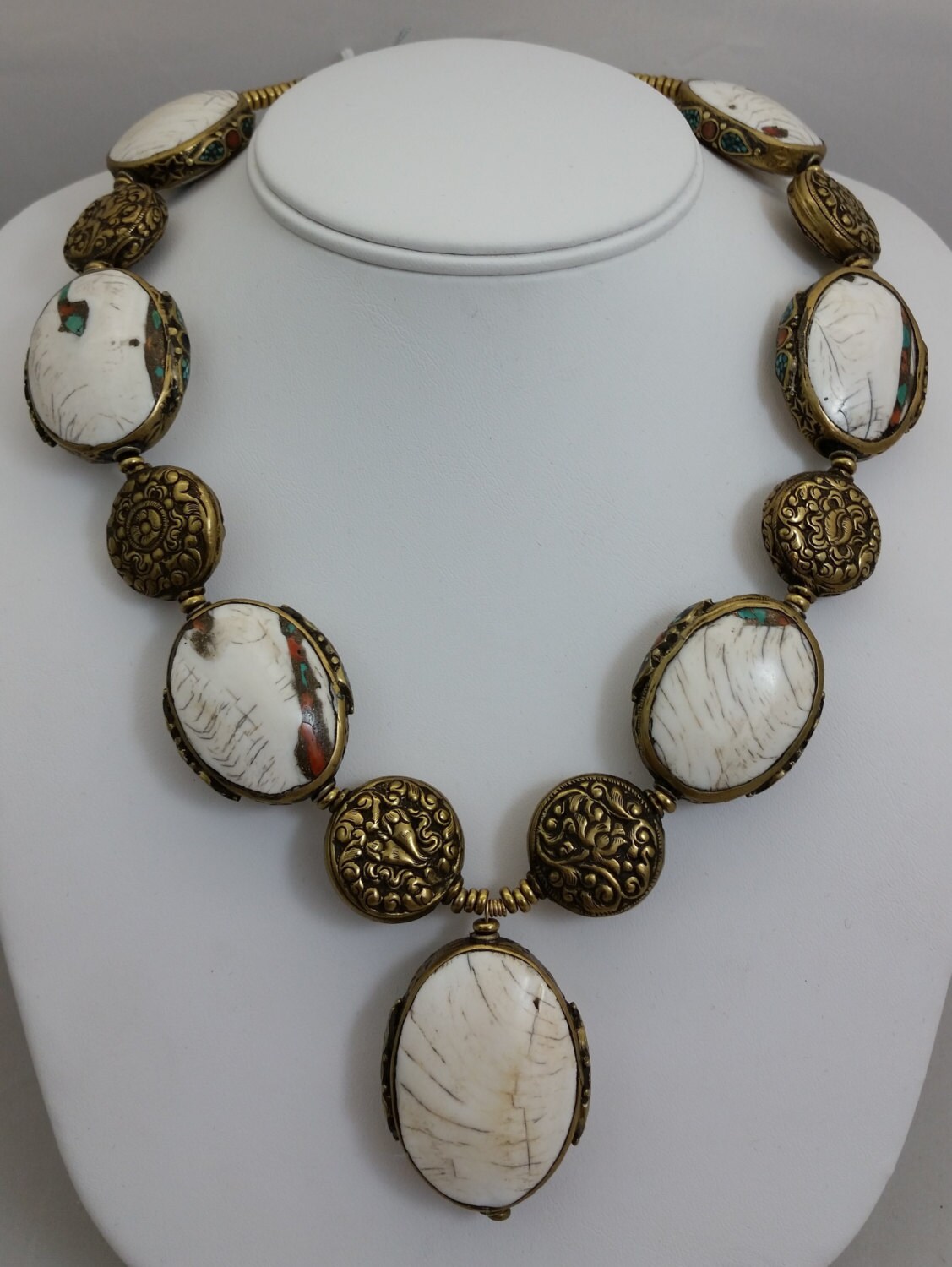 Handmade Tibetan Necklace w/ 7 Brass Wrapped by RabbaskDesigns