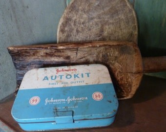 antique first aid kit / johnson and johnson first aid kit / metal rx tin / vintage / first aid kit / industrial / bathroom /laundry / tin
