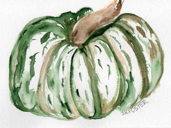 Fall Pumpkin Painting Green And White Pumpkin Watercolor