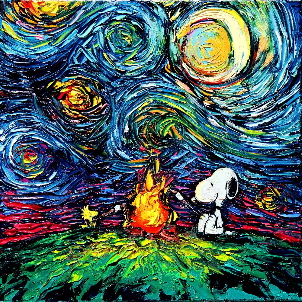 Snoopy Art Peanuts Cartoon Starry Night Print Van Gogh Never