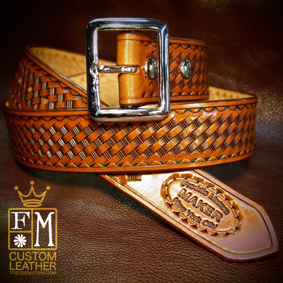 Tan leather belt Tooled basket weave with waved border Polished nickel buckle 1-3/4" wide handmade for YOU in NYC by Freddie Matara