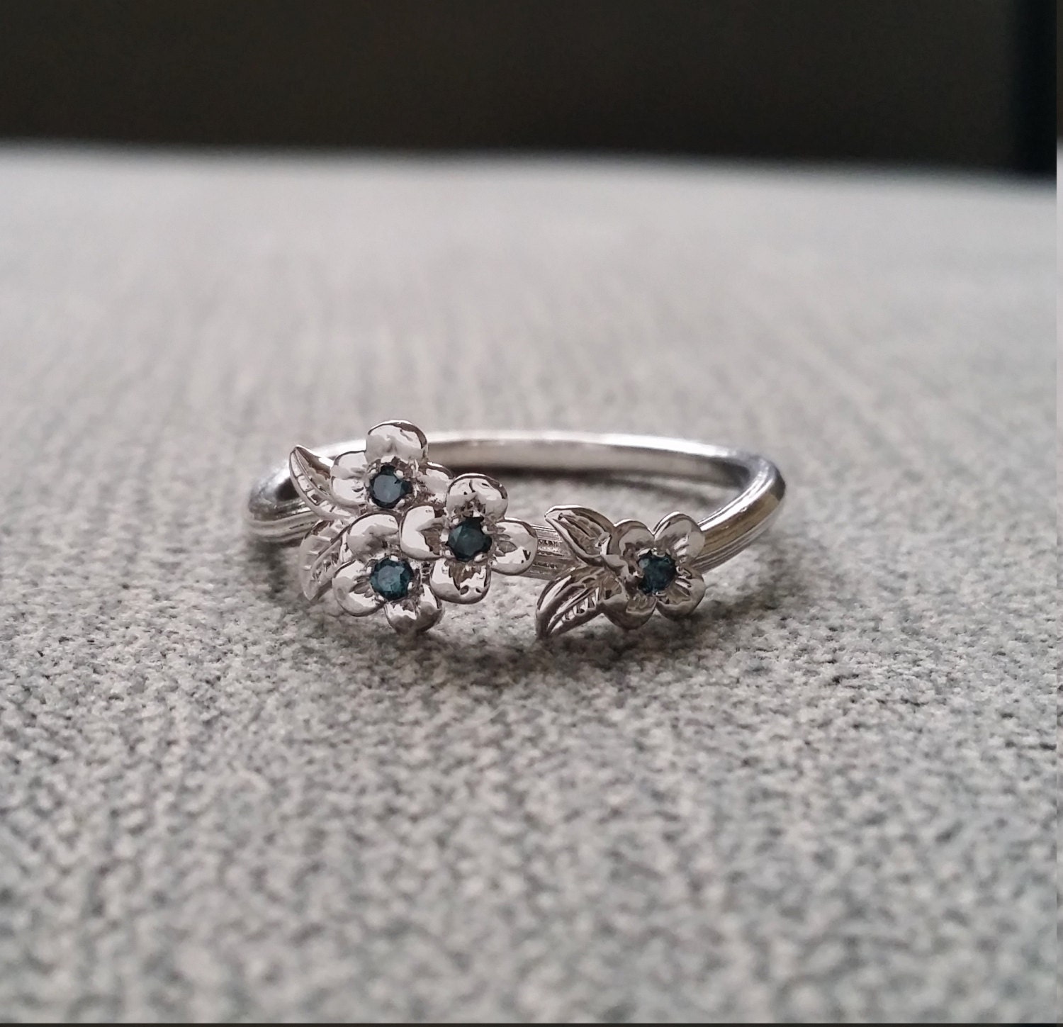 Blue Diamond Gold Flower Engagement Ring Delicate Floral