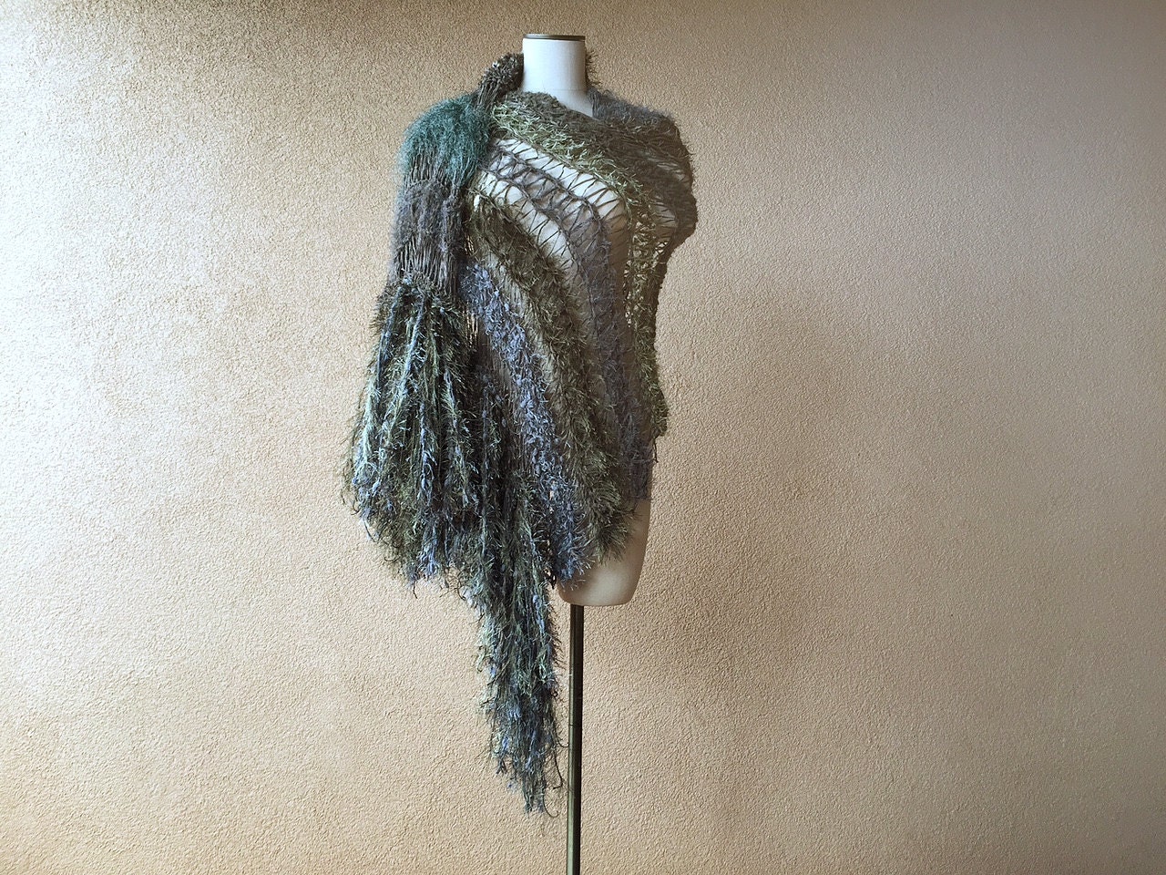 Grey and Green Shawl with Fringe Long Shawl Green and Grey