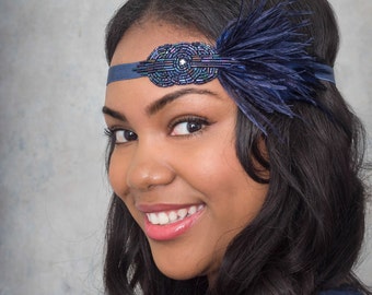 Mini Deco Flapper Headband With Beaded Applique Midnight Blue Navy Sapphire Or Gunmetal Black