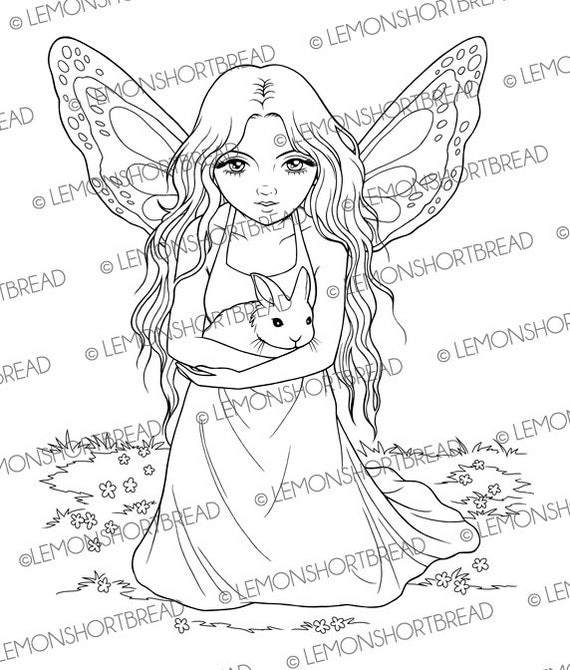 Fairy with Bunny Digital Stamp, Rabbit Digi Stamp PNG, Cute Fantasy Art Anime, Adult Coloring Page, Butterfly Girl, Instant download