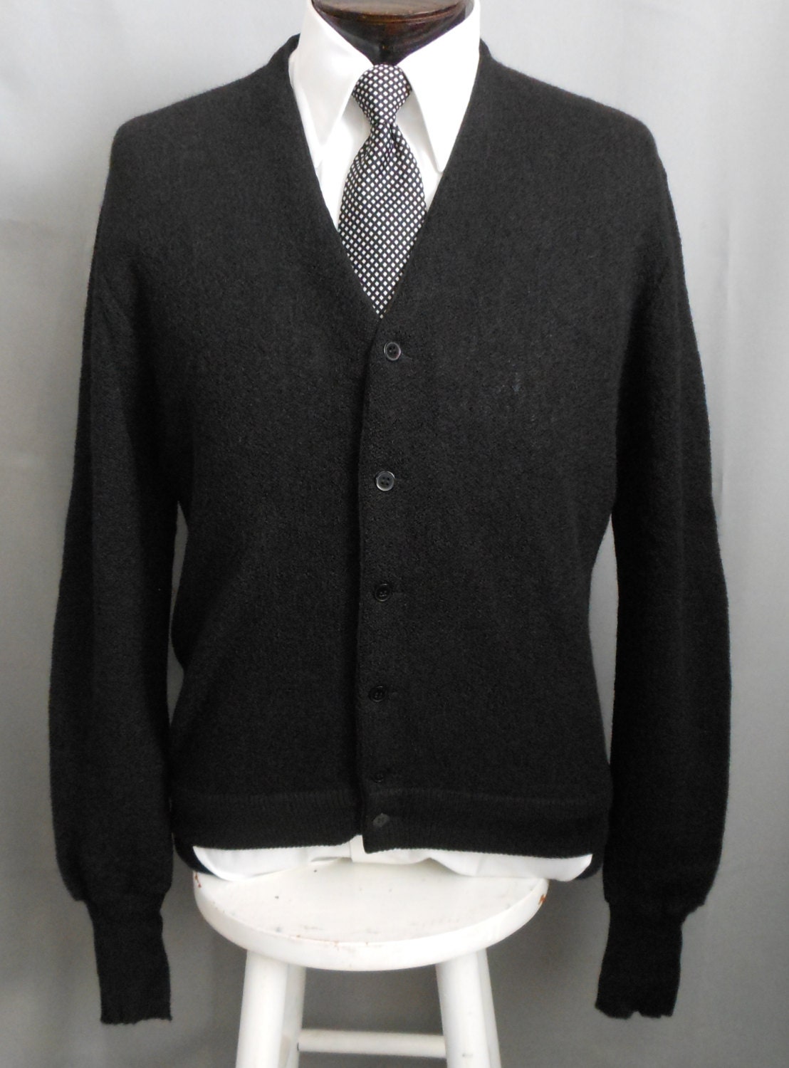 Vintage 90s 1990s Mens Black Grandpa Golf Cardigan Sweater w Crest Logo