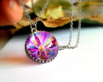 Hippie Necklace Real Flower Jewelry Unique Glass Pendant