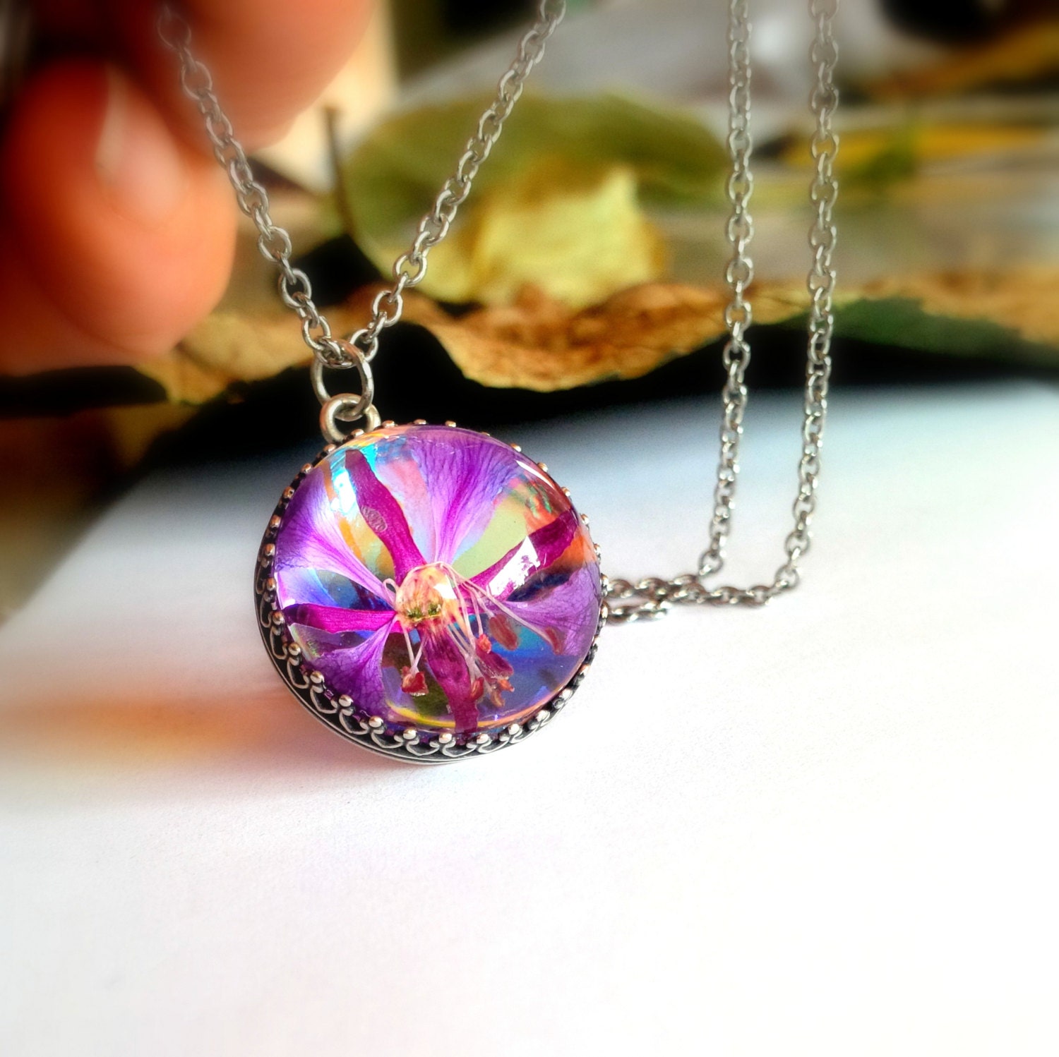 Hippie Necklace Real Flower Jewelry Unique Glass Pendant