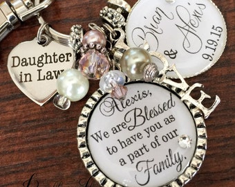 Daughter in law gift, Bridal bouquet charm, PERSONALIZED wedding, Daughter in law wedding gift, blessed to have you as a part of our family