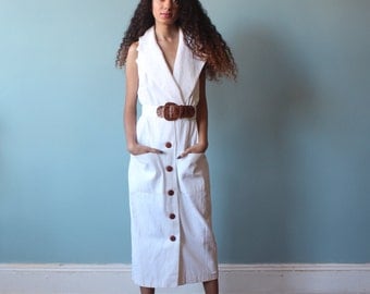 white sleeveless belted dress / shirt dress with pockets / 1980s / small