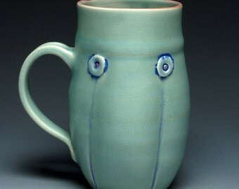 Hand thrown mug, Green Button Handmade Ceramic Coffee Mug, 12oz