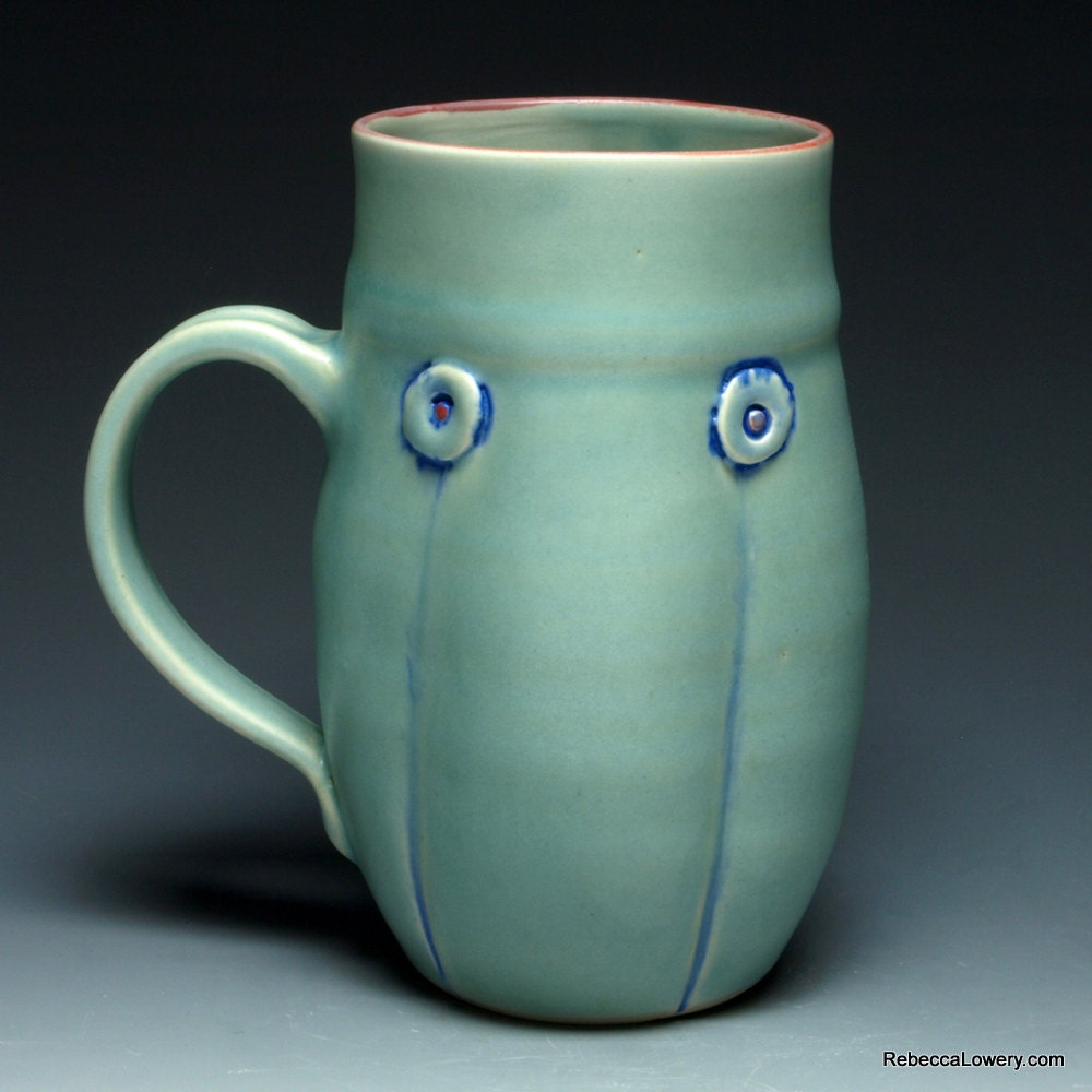 Hand Thrown Mug Green Button Handmade Ceramic Coffee Mug